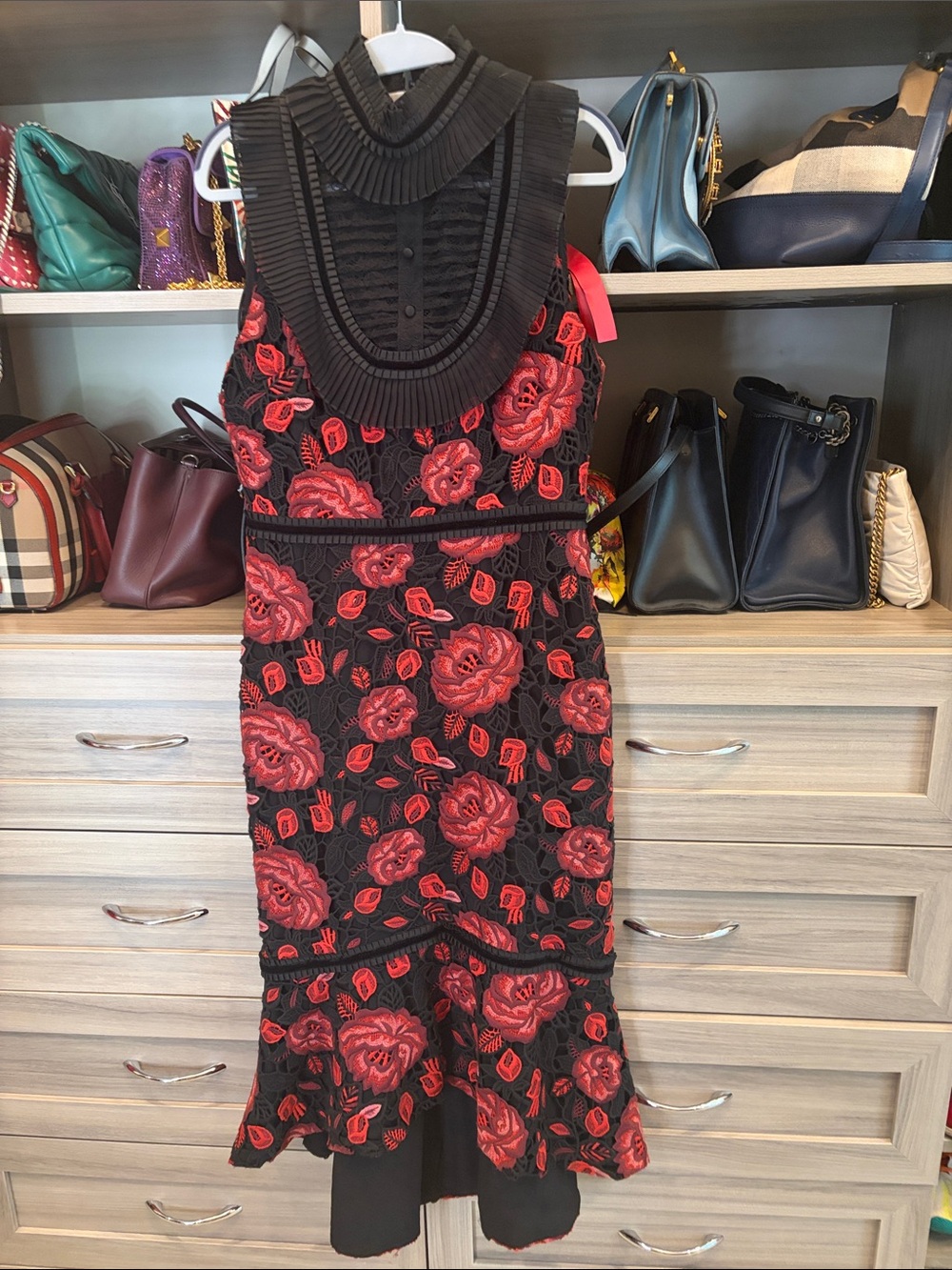 Alice + Olivia Black Midi Dress with Red Rose Embroidery